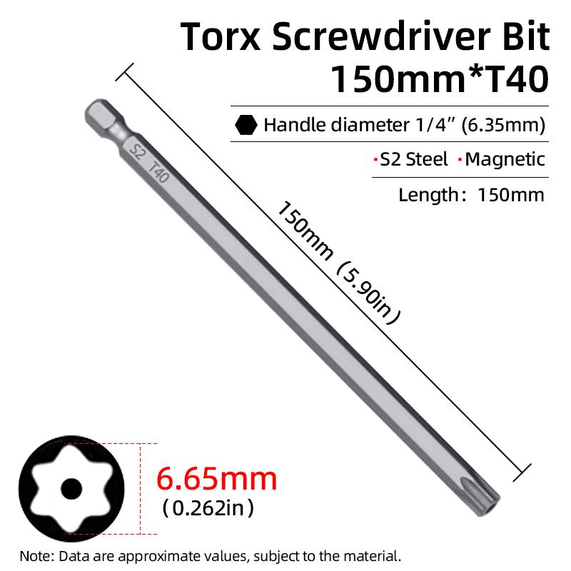Magnetischer Torx-Schraubendreher-Bit, 150 mm, T6–T40, 1/4 Zoll Sechskantschaft, hohles Pflaumenblütenloch, Sicherheitsbits, S2-Stahl, elektrische Handwerkzeuge