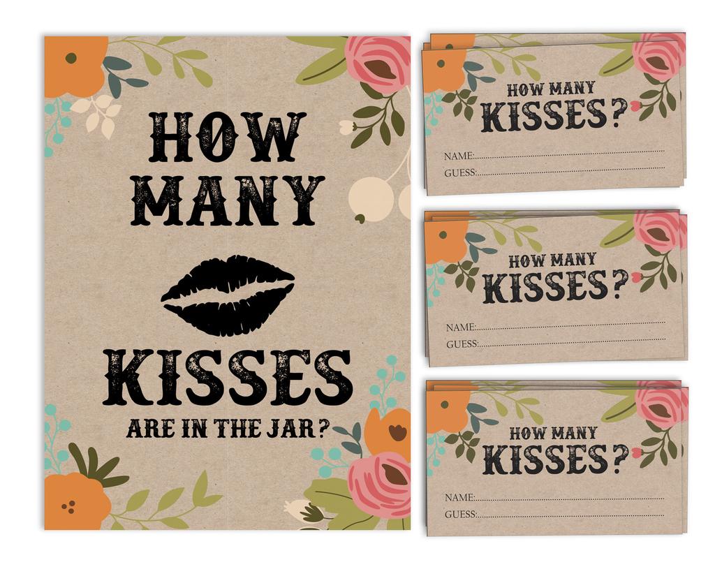 Inkdotpot How Many Kisses in The Jar Rustic Kraft Floral Bridal Shower Game 1 Sign + 30 Cards White