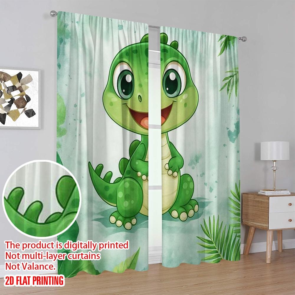 2pcs,2D Plane Printing Popular Curtains Dino Smile Polyester Easy Install (without Rod) Festive for Kitchen, Bedroom & Living