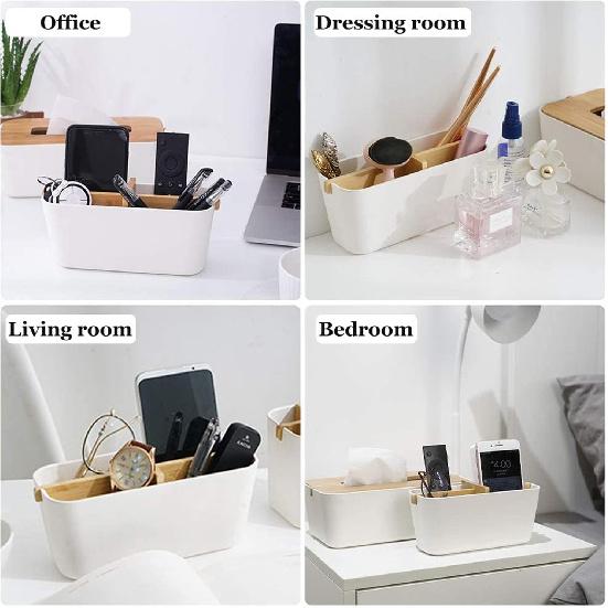 Desk Storage Box, Multifunctional Bamboo Deskstop Organizer with Wooden Partition Remote Control, Holder Pencil, Holder Pen, Vanity Table for Office