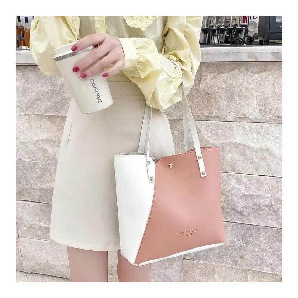 1 Pcs Women's Shopping Bags Casual Large Capacity Women's Patchwork Leather Tote Bag Double Tone Color Shoulder Bag Pu Leather