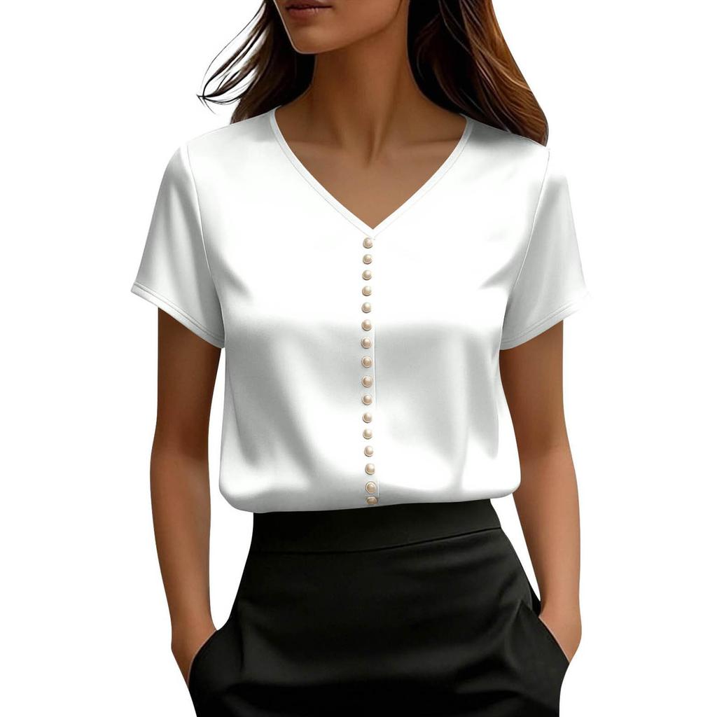 Top de damă din satin cu mânecă scurtă, Bluză elegantă de vară cu decolteu în V și nasturi perlă, Top casual formal,