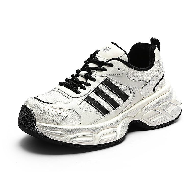 Retro polished dad shoes women's spring new three-bar old sports shoes thick-soled heightening leather running shoes