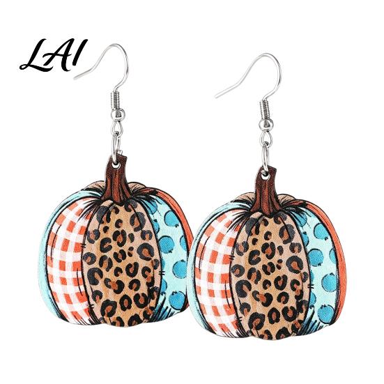 Halloween Party Costume Earrings 1 Pair Fall Pumpkin Earrings Acrylic Leopard Print Dangle Retro Autumn Theme Ear Hooks Drop Statement Thanksgiving
