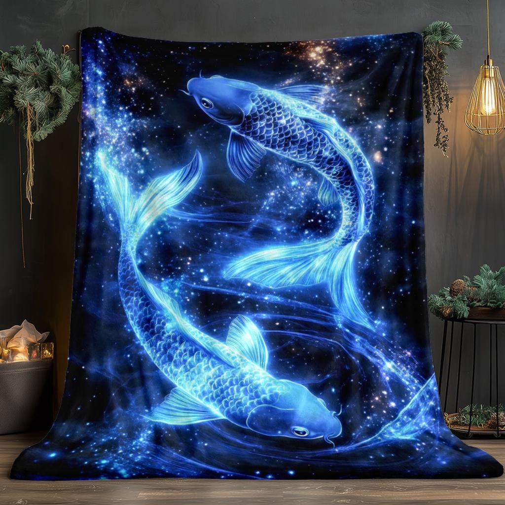 Cosmic Koi Fish Galaxy Blanket Flannel Soft Throw Bed Cover Art Decor Dreamy Ocean Design Starry Night Pattern Home Decor Gift
