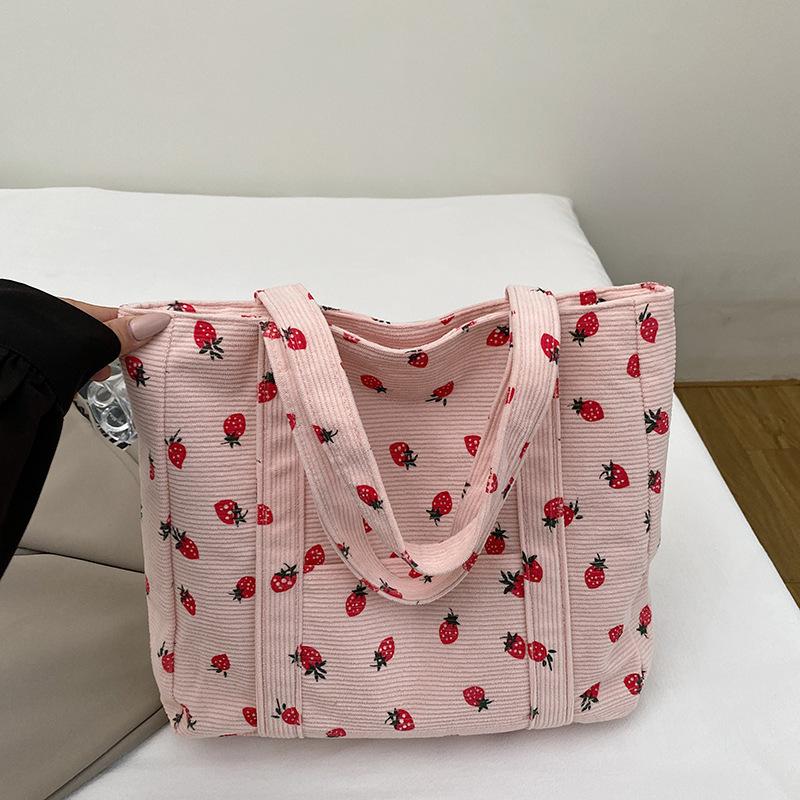 

Принтованная вельветовая универсальная сумка-тоут большой вместимости на плечо клубничная холщовая сумка сумка 2025 новая сумка для хранения розовый