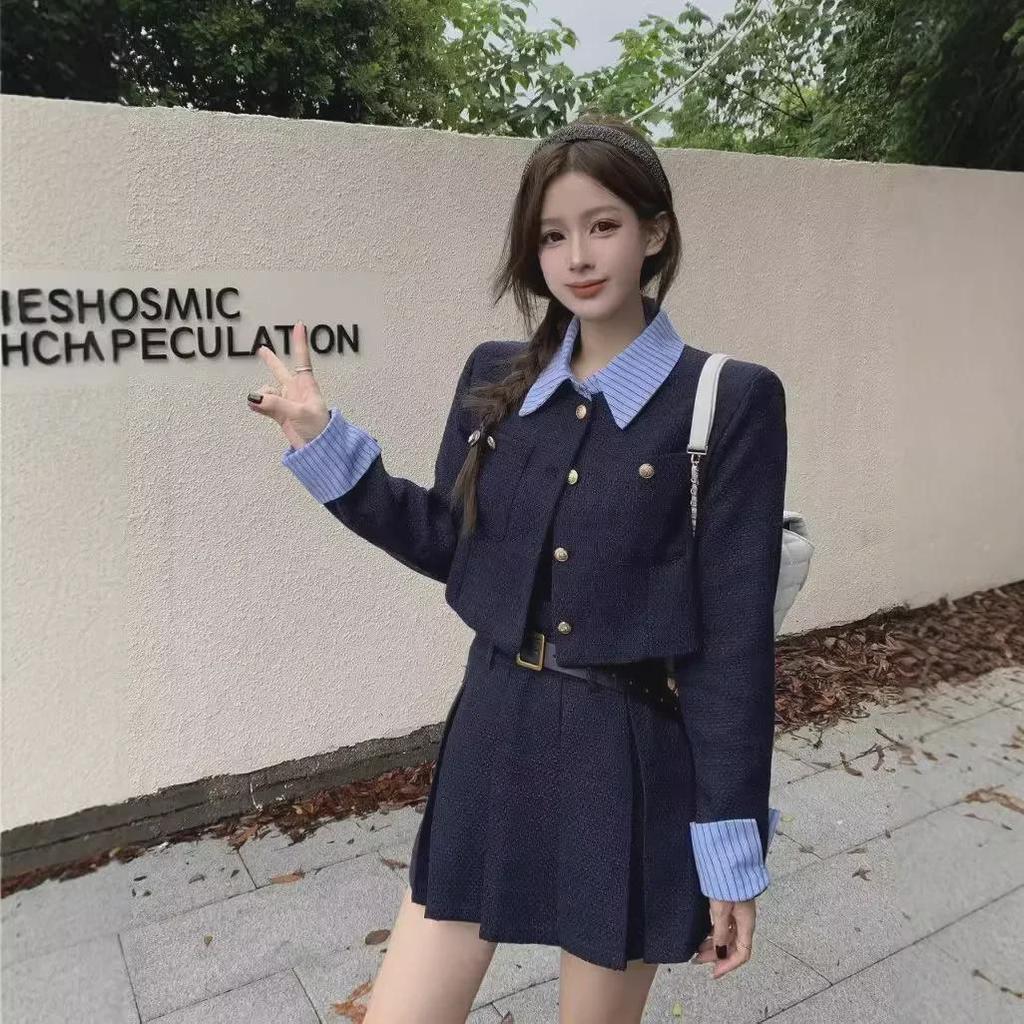 2024 Fall/Winter Women's Long-Sleeve Stitch Shirt Jacket & Pleated Skirt Set