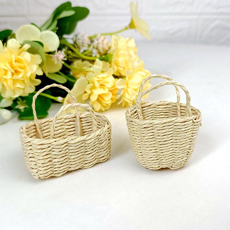 Dollhouse Hand Woven Rattan Basket Shopping Basket Straw Handbags Dollhouse Weaving Beach Bag For Dolls Miniature Decoration