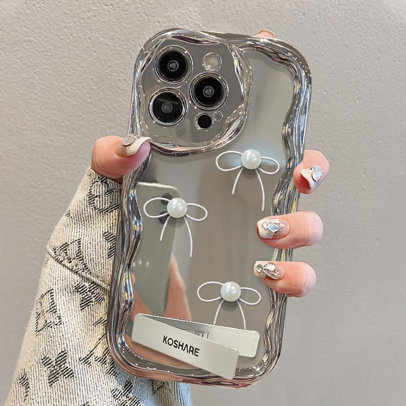 Applicable To Apple 15 Mobile Phone Case Iphone14pm Pearl Bow Bracket 13/12 Electroplated Silver 11 Three-dimensional 7/8