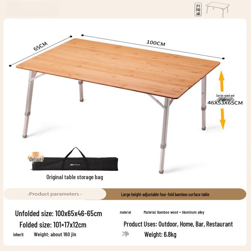 ZISIZ Bamboo Top Height-Adjustable Outdoor Folding Camping Table
