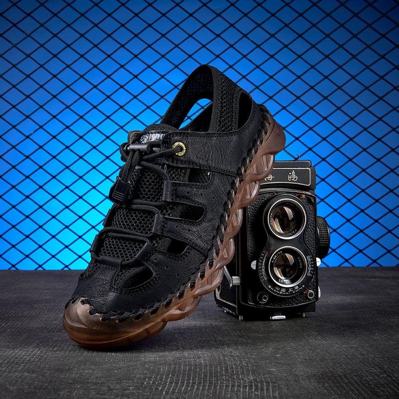 Fashion Hand-stitching Leather Men Sandals Hollow Out Summer Shoes Fashion Casual Outdoor Beach Flats Quick Dry Breathable Wading Shoes