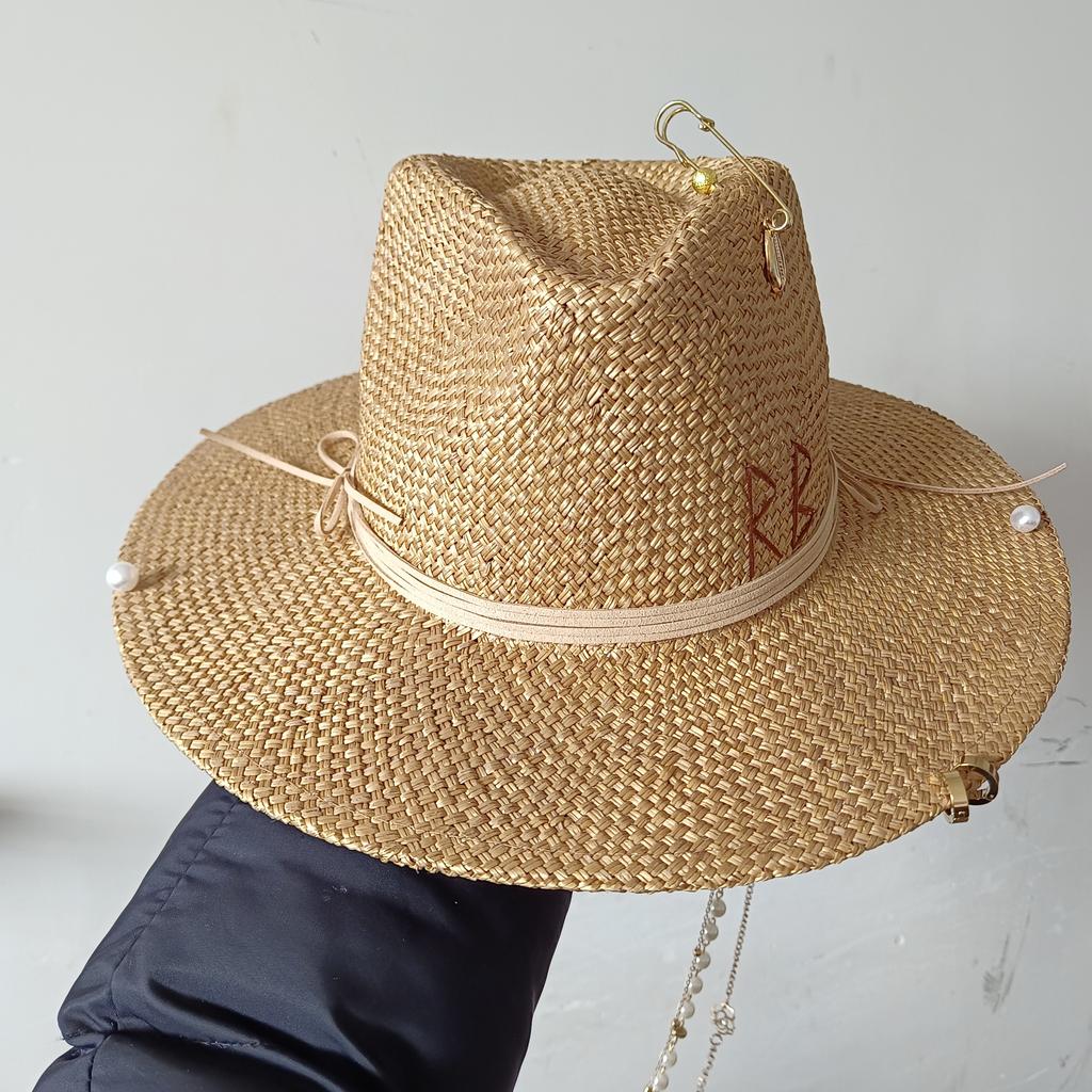 Classic Straw Hat Handmade Design Hat Pearl Chain Summer Sun Hat New Letter Hat Beach Women Gorras Para Hombres