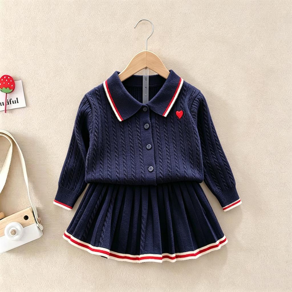 Toddler Girls 2Pcs Knit Outfit 2026 Autumn Winter Preppy Style Lapel Cable Knit Cardigan Pleated Skirt Set Baby Girl Heart Embroidery Clothes