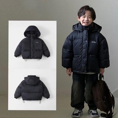 Children's Winter Thickened Warm Short Down Jacket Middle and Large Children Long-sleeved Solid Color Hooded Jacket