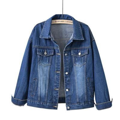 Women's Dark Blue Korean Style Denim Jacket - Loose, Short, Plus Size, BF Style for Spring and Autumn