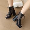 FOREADA Women Hollow Mesh Sandals Peep Toe Thick High Heels Lace-up Platform Sexy Comfort Jazz Dance Boot Ladies Shoes Summer 46