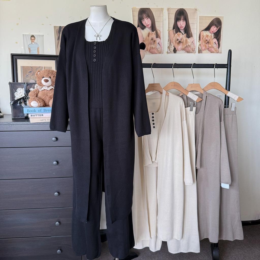Autumn and Winter New Slim-fit and Thin Knitted Cardigan Sling Vest Wide-leg Pants Knitted Three-piece Set