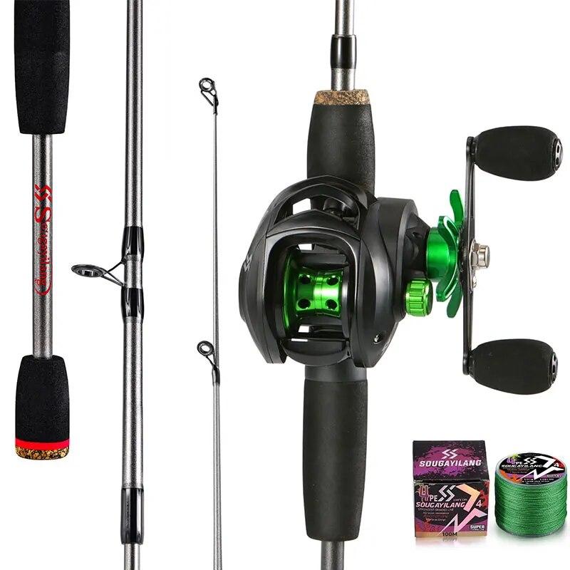 Sougayilang Angelruten-Kombination 1,7 m Kohlefaser-Wurfrute und Baitcasting-Rolle mit kostenlosem PE-Schnur Max. Bremskraft 10 kg für Barsch