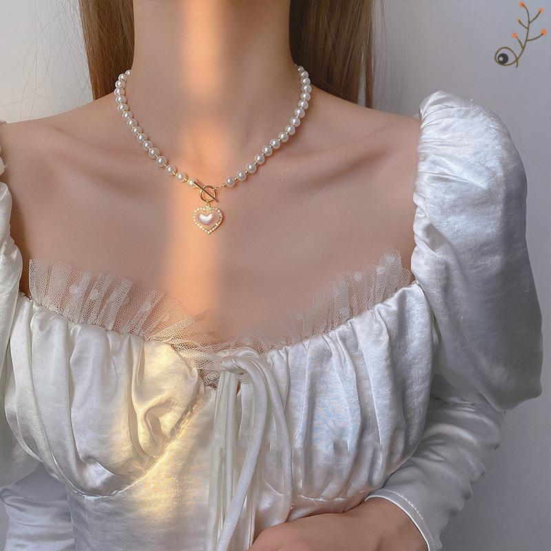 French Mermaid Pearl & Diamond Heart Pendant Necklace with T-Clasp for Women