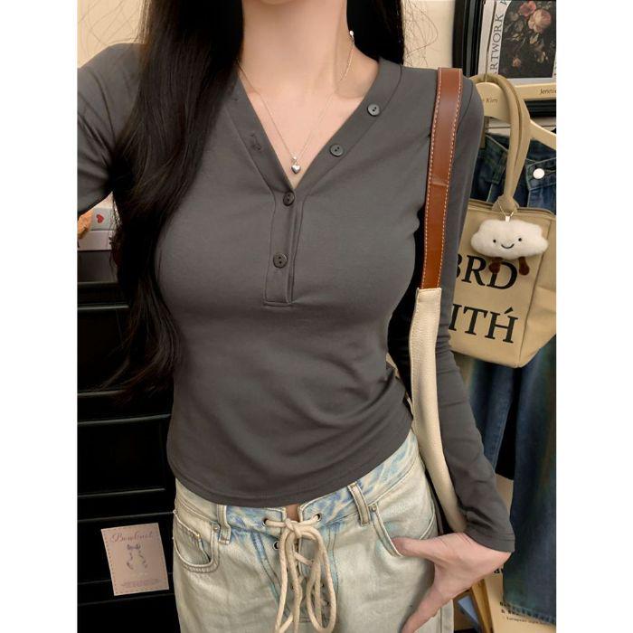 Korean Style V-Neck Button Long-Sleeve Slim Fit Women s T-Shirt M темно-серого