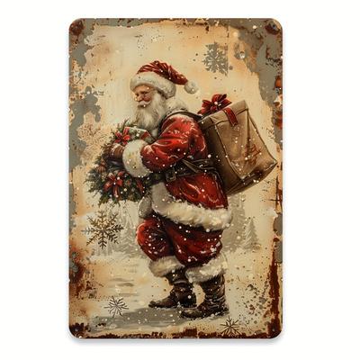 Weihnachtsmann verteilt Geschenke Retro Blechschild - Lustige Wandkunst, Haus Restaurant Bar Café Garage Dekoration