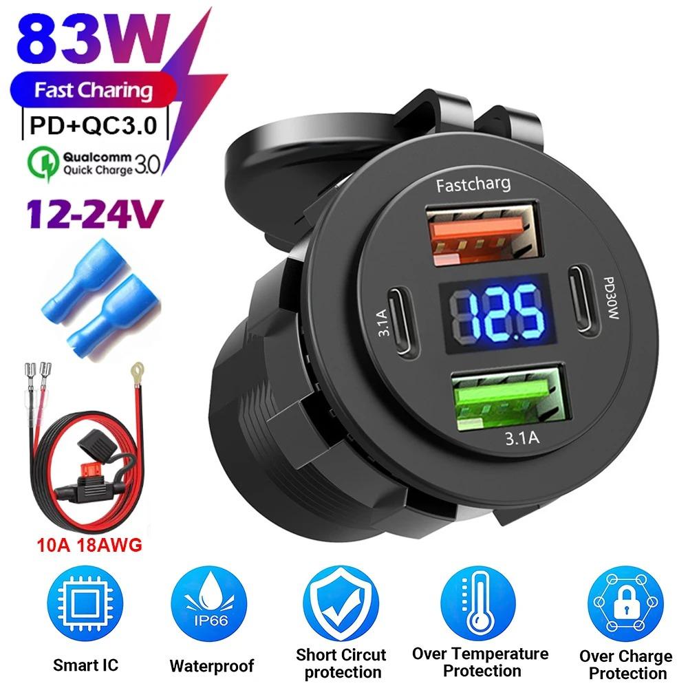 83W Zásuvka nabíječky do auta PD 30W Rychlé nabíjení Dvojitý USB+Type C Výstup Telefonní napájecí adaptér s voltmetrem pro motocykl, nákladní automobil, loď