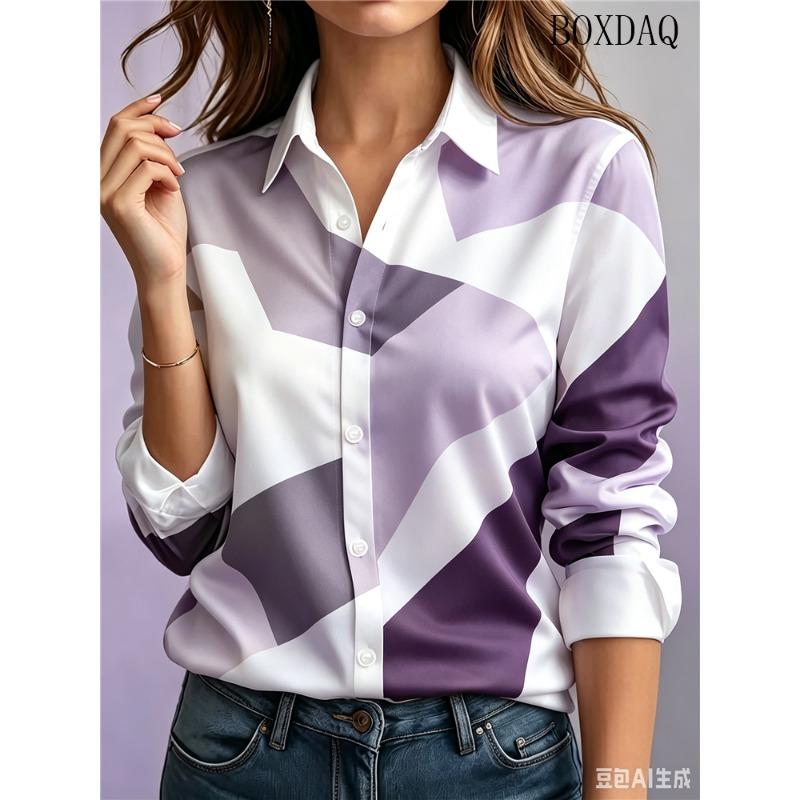 Fashion Women's Button Geometric Color Blocks Printed Shirts Elegant Women's Office Long Sleeve Shirt 2026 Autumn Casual Blouses
