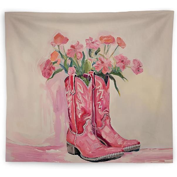 WNAGT Pink Western Tapestry Wall Hanging, Cowgirl Room Decor, Pastel Pink Floral Cowgirl Boots Western Wall Blanket Decor for Girls Bedroom Dorm