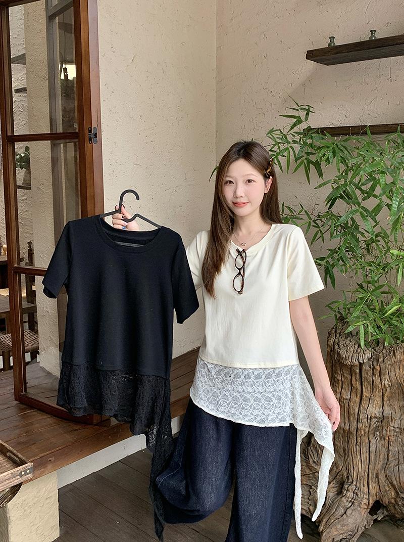 2026 Summer Plus Size Women s French Design Patchwork Lace Ruffle Sleeve T-shirt XL