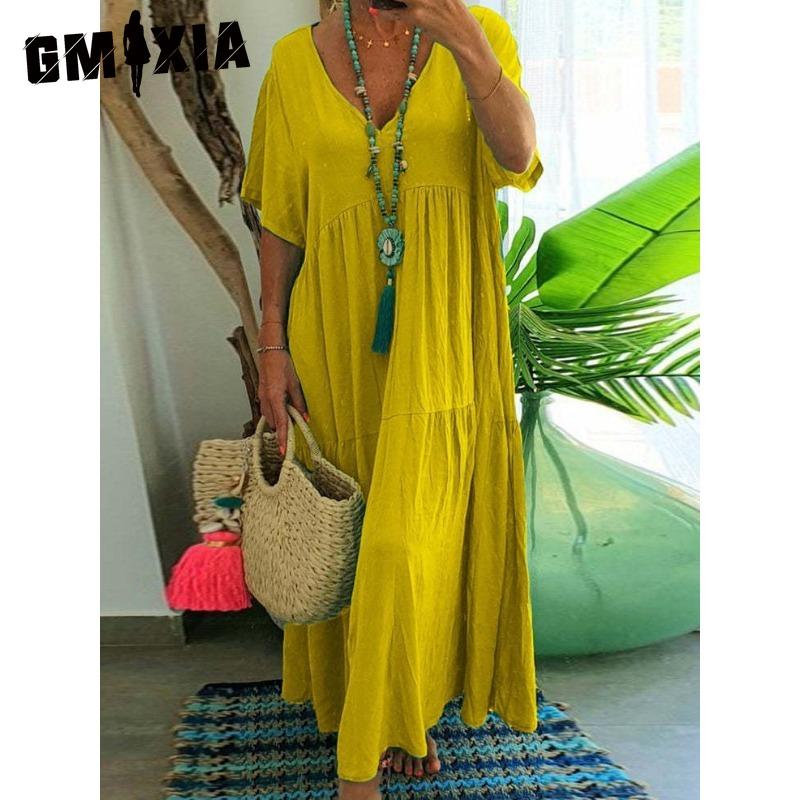 

GMXIA женские модные летние весенние однотонные повседневные платья с короткими рукавами и v-образным вырезом и высокой талией XXXXXL жёлтый