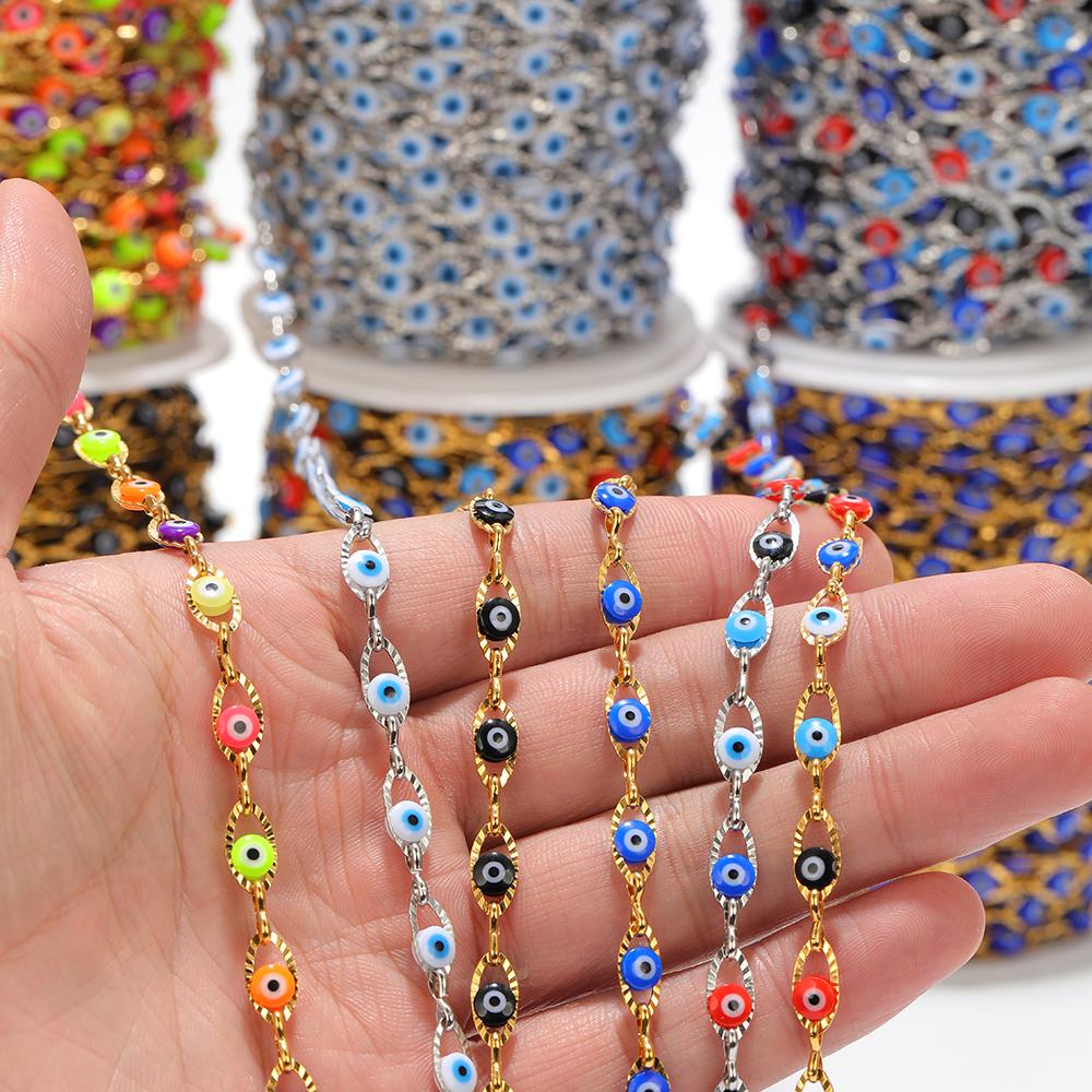 1 Meter Stainless Steel Plastic Beads Turkey Eyes Charms Oval Link Chains Beaded Chain for DIY Jewelry Necklace Bracelet Making