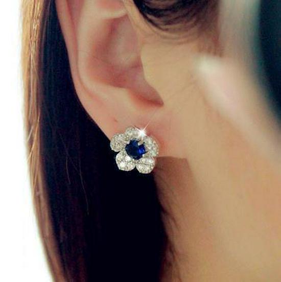 B096 British Princess Kate Style Micro-Inlaid Zircon Blue Crystal Earrings
