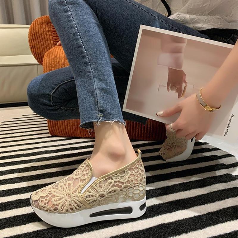 Women's fashion flat bottom inner height increase mesh yarn breathable casual single shoes support platform one piece
