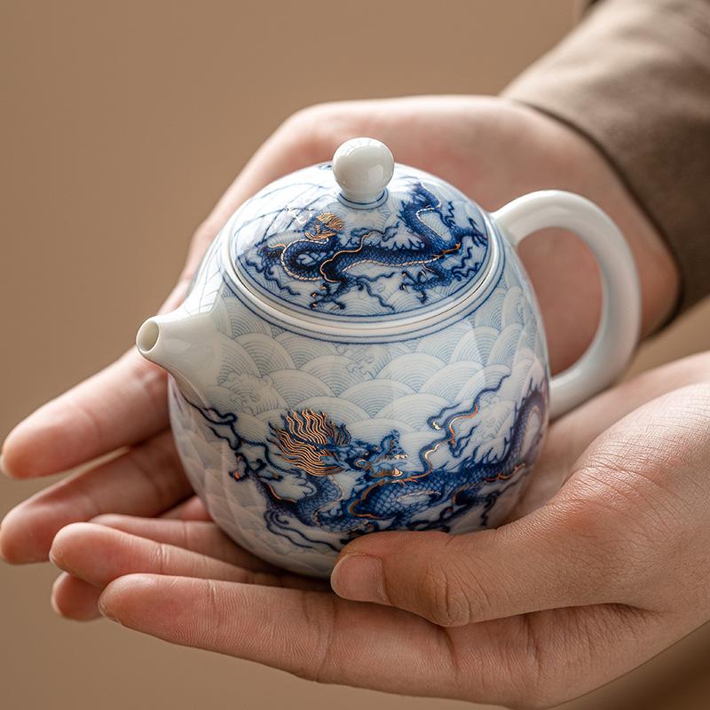 Metal Inlay Blue and White Dragon Teapot Single Ceramic Porcelain Chinese Kungfu Dragon Making Pot for Pu'er Tea