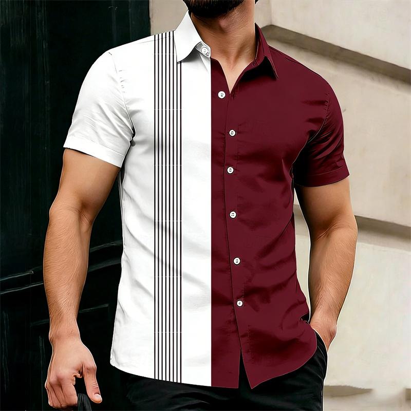 2026 Hot-Selling Summer Men's Color Block Striped Short-Sleeve Shirt, Outdoor Casual Slim Fit Collared Shirt, Hawaiian Shirt