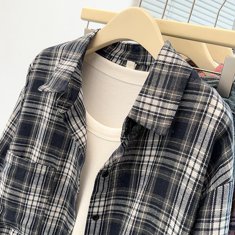 2025 Autumn Plus Size Retro Plaid Long Sleeve Loose Shirt Cardigan