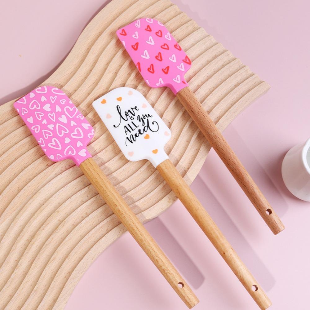 3 Pcs Wooden Handle Silicone Spatulas Heat Resistant Baking Spatulas with Pink Satin Ribbon Bows for Cooking Baking Tools