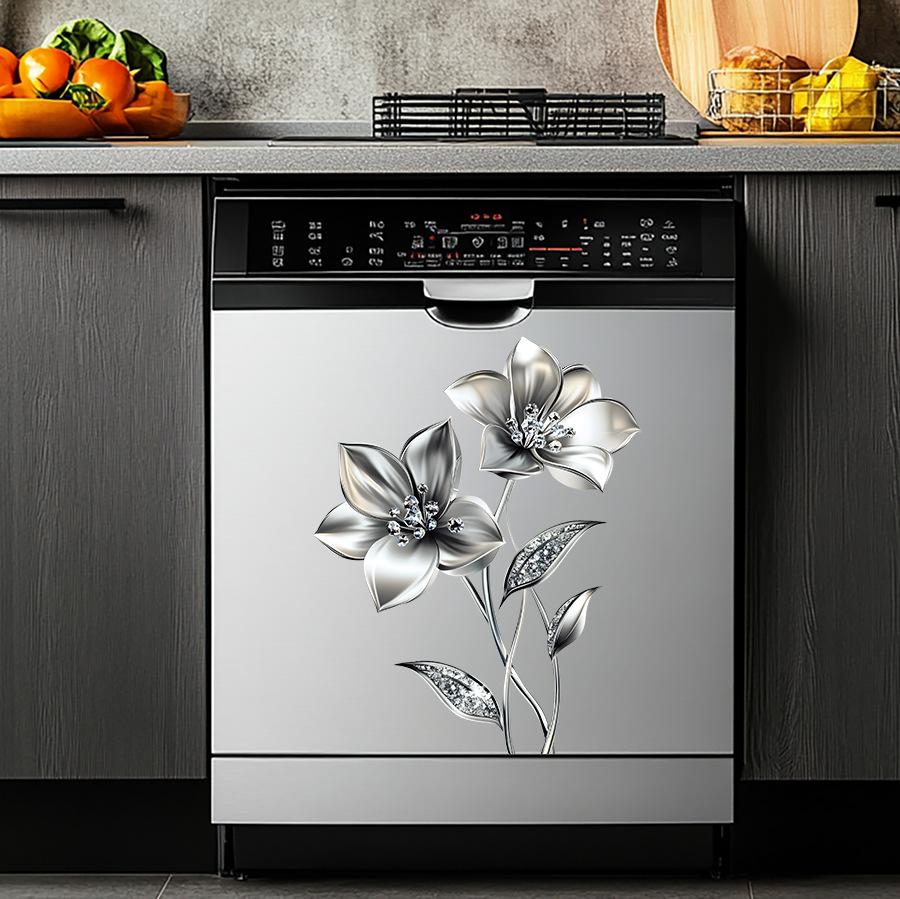 Self-adhesive Waterproof Refrigerator Stickers Silver Grey Flowers Light Luxury for Kitchen Fridge Door