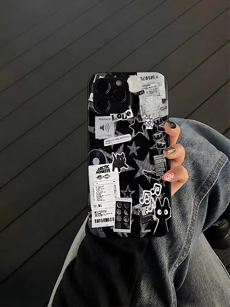 Ins Style Black White Stickers Phone Case for iPhone 17 16 15 14 13 12 11 Air Pro Max X XS XR 7 8 Plus Glossy Film Hard PC Cover