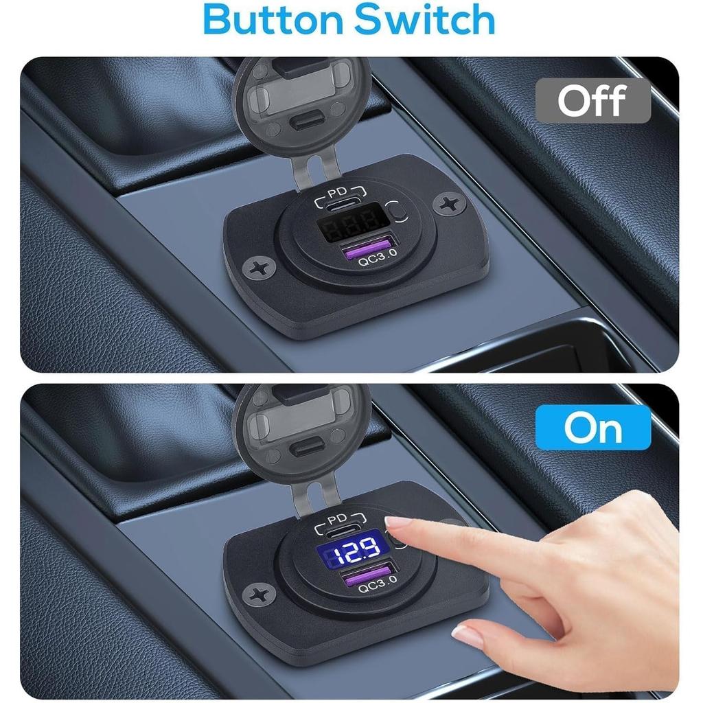 12V USB Outlet, 30W PD Port & 18W QC3.0 USB A Port Charger Socket with Button & LED Voltmeter for Car Boat Motorcycle RV
