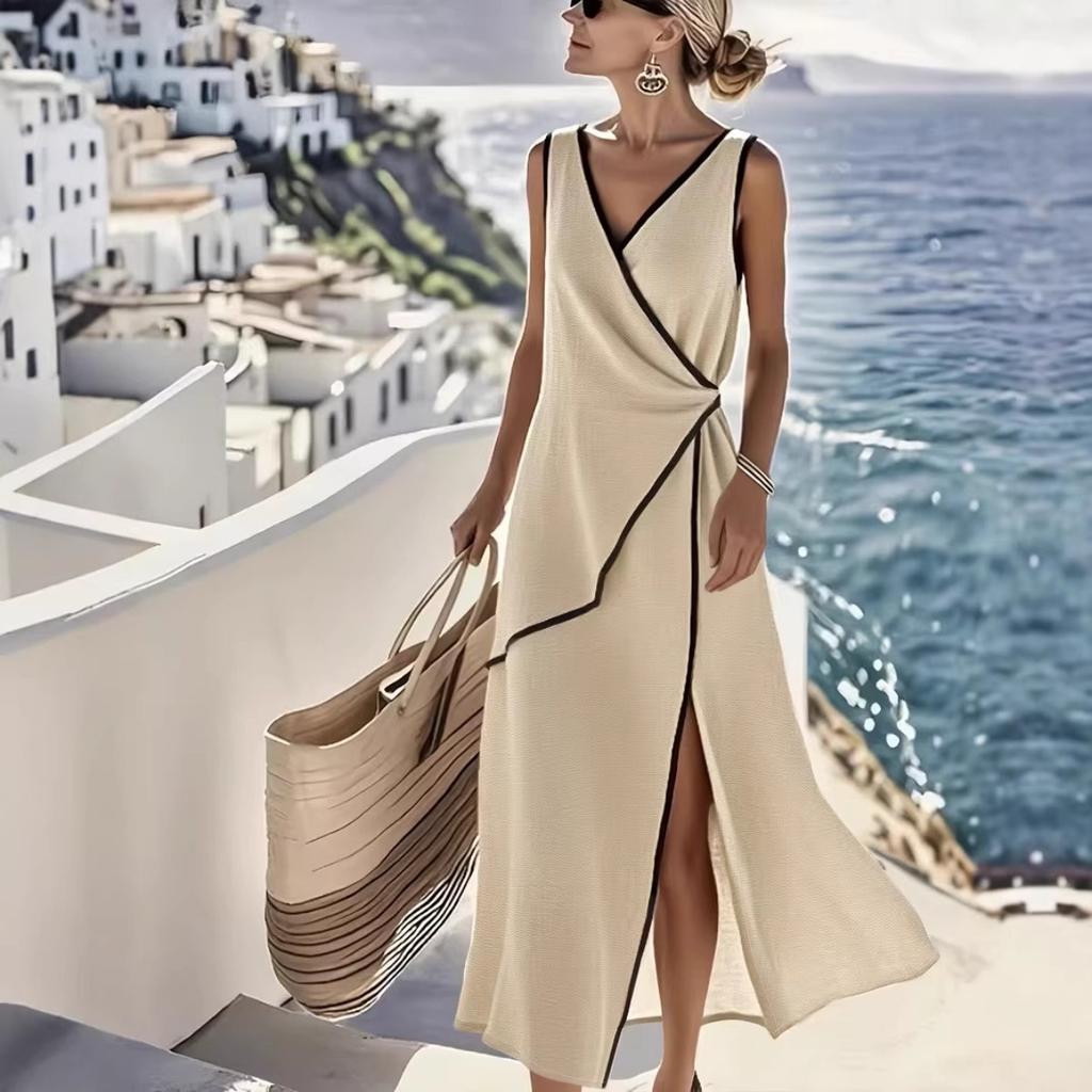 New Summer Women's Solid Asymmetrical V-neck Sleeveless Elegant Fashion Dress for European American Crossbody