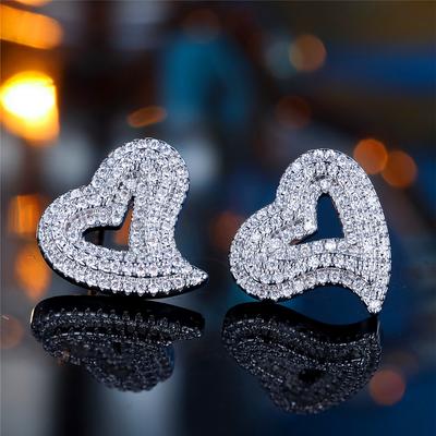 Cute Female Small White Zircon Stone Heart Wedding Jewelry Vintage Silver Color Stud Earrings For Women