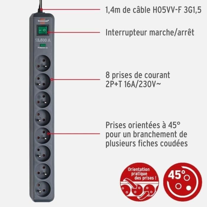 Brennenstuhl Multiprise ECO-LINE Anthracite - 8 prises - avec parafoudre et 1,4m de câble (13.500A)