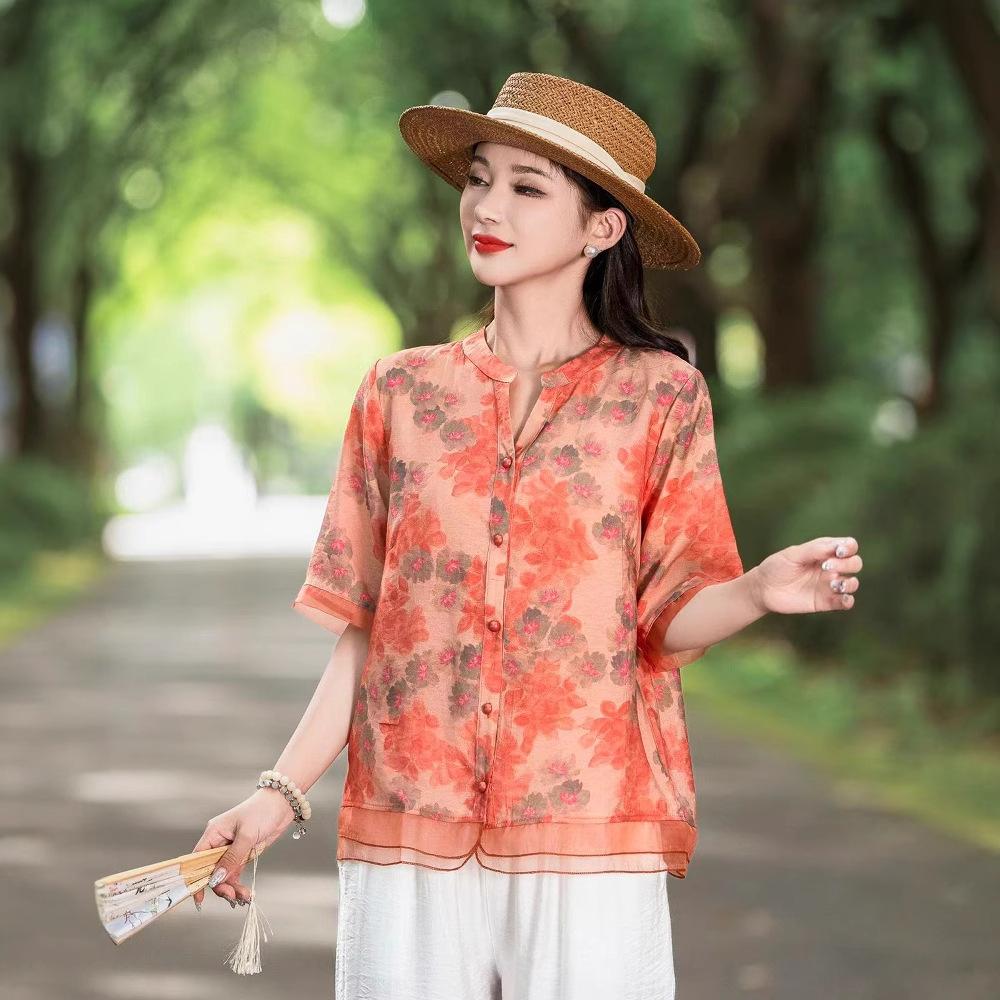 

Летний кардиган женская рубашка шифон большого размера рубашка с коротким рукавом повседневный топ летняя одежда L оранжевый