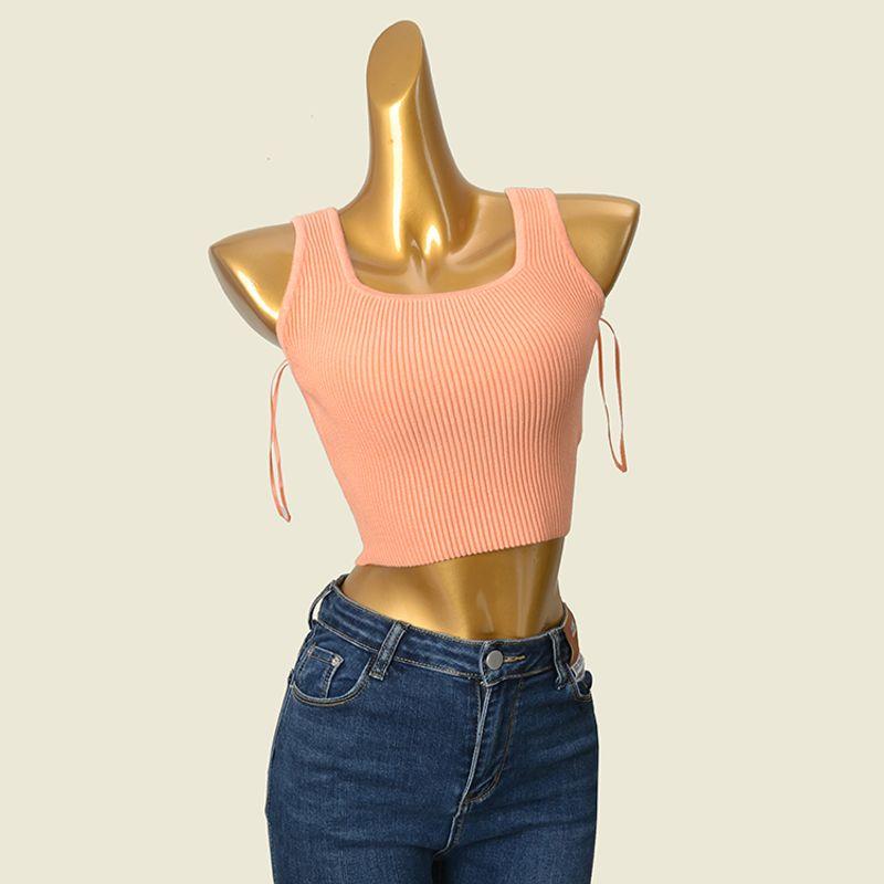 Foreign Trade Original Order Wide Edge Carved Thread Outwear Vest Fashion Style Square Collar Short Crop Top Pure Color Knitting Camisole