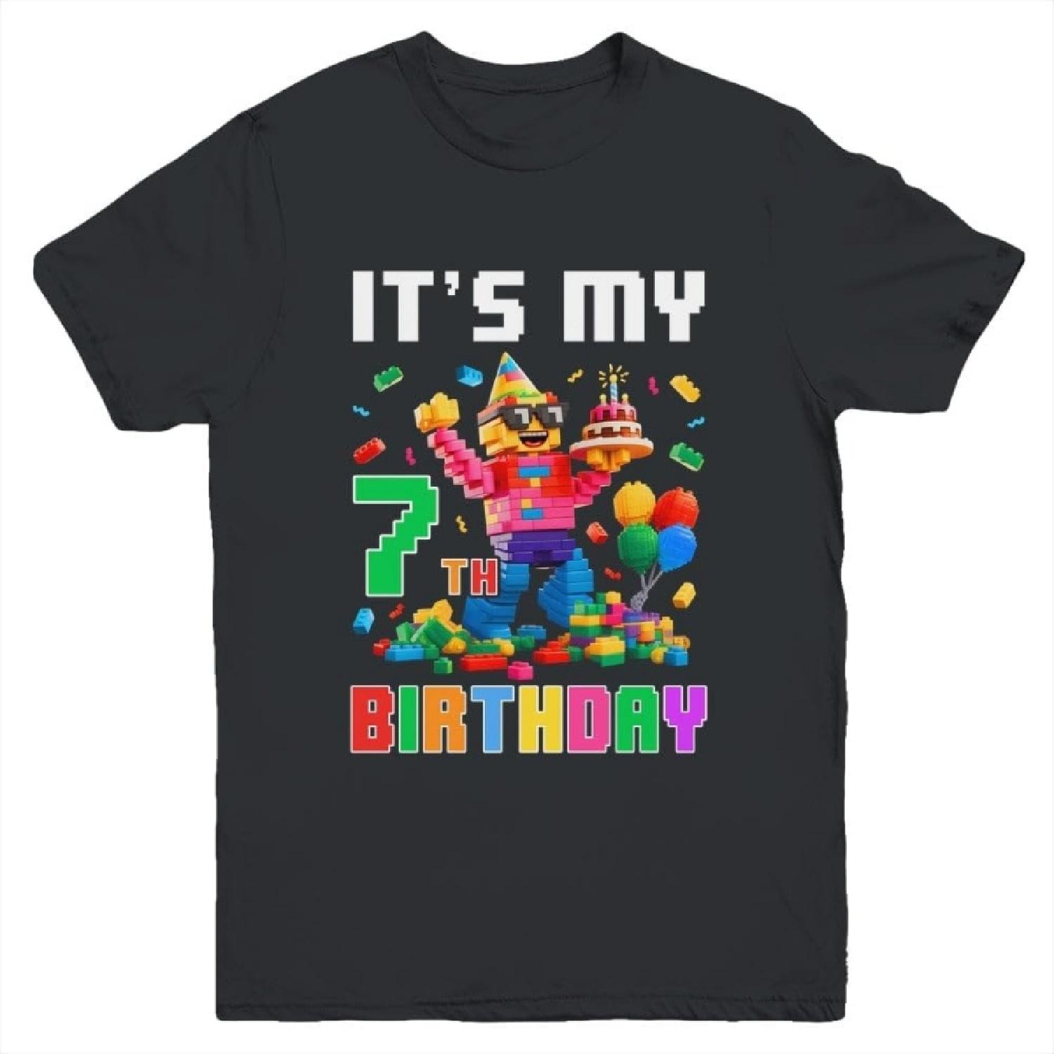 Its My 7th Seven Birthday Building Brick 7 Seven Old Boys Shirt Kid Short Sleeve Tee S