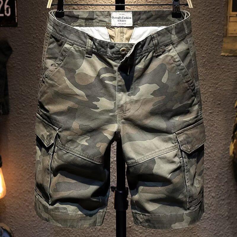 Retro loose straight camouflage shorts men s military style tooling camouflage five-point pants men M хаки