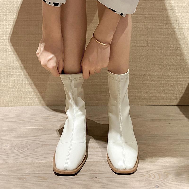 Chunky Med-High Heels Boots Women Zip Square Toe Chelsea Shoes Winter Solid Leather Botas Ankle Feminina Slim Botines Mujer