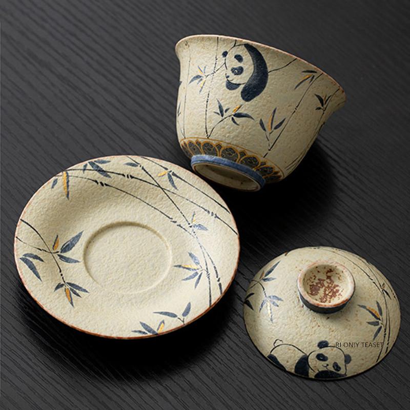 110ml Chinese Ceramic Gaiwan Handmade Panda Bamboo Leaf Tea Tureen Travel Portable Tea Bowl Household Teaware Accessories