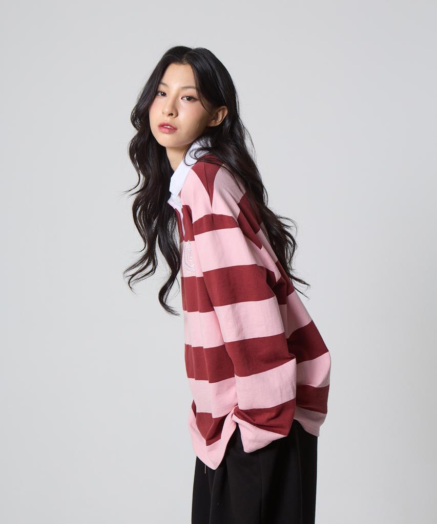 UNKNOWN PLANET Striped Rugby Collar Shirt Pink
